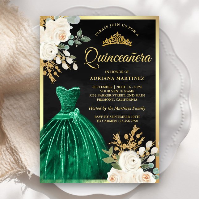 Emerald Green Gown Floral Black Gold Quinceanera Einladung (Von Creator hochgeladen)