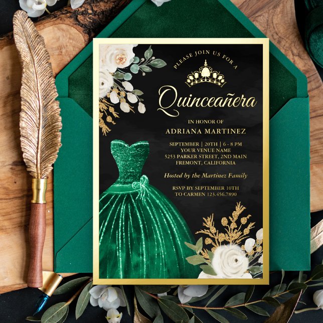 Emerald Green Gown Floral Black Quinceanera Gold Folieneinladung (Von Creator hochgeladen)
