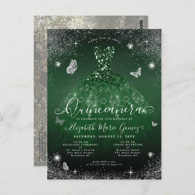 Emerald Green Gown Silver Foto Quinceanera Postkarte (Vorne/Hinten)