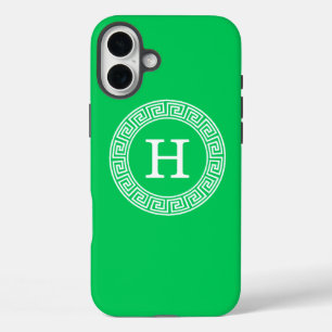 Emerald Green Greece Key Rnd Frame Initial Monogra iPhone 16 Plus Hülle