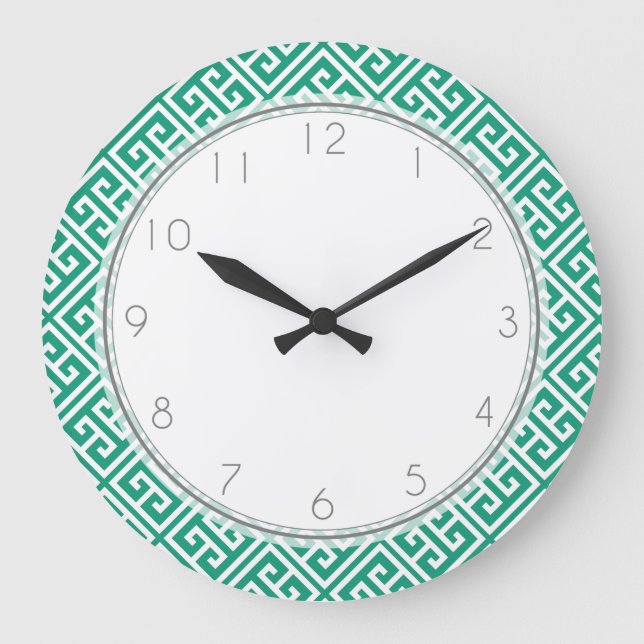 Emerald Green Griechisches Schlüsselmuster Große Wanduhr (Vorderseite)
