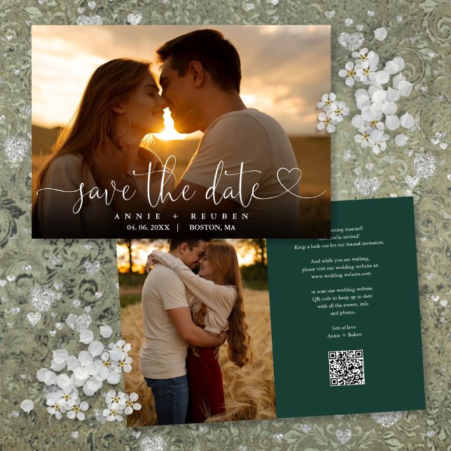 Emerald Green Heart Script Foto Hochzeitsskript QR Save The Date (Emerald Green Heart Script Photo Wedding QR Code Save The Date)