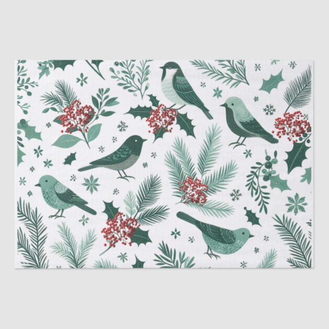 Emerald Green Holiday Birds Tissue Paper Seidenpapier (Vorderseite)