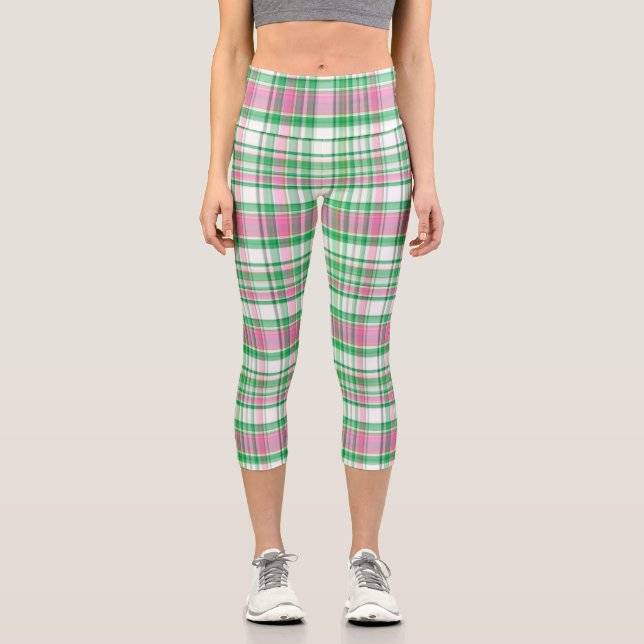 Emerald Green Hot Pink Whit Preppy Madras Capri Leggings (Vorderseite)