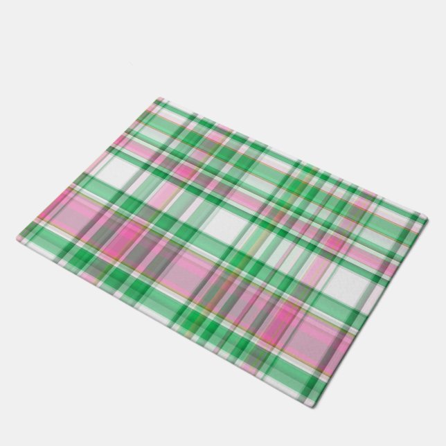 Emerald Green, Hot Pink, White Preppy Madras Karie Fußmatte (Schrägansicht)