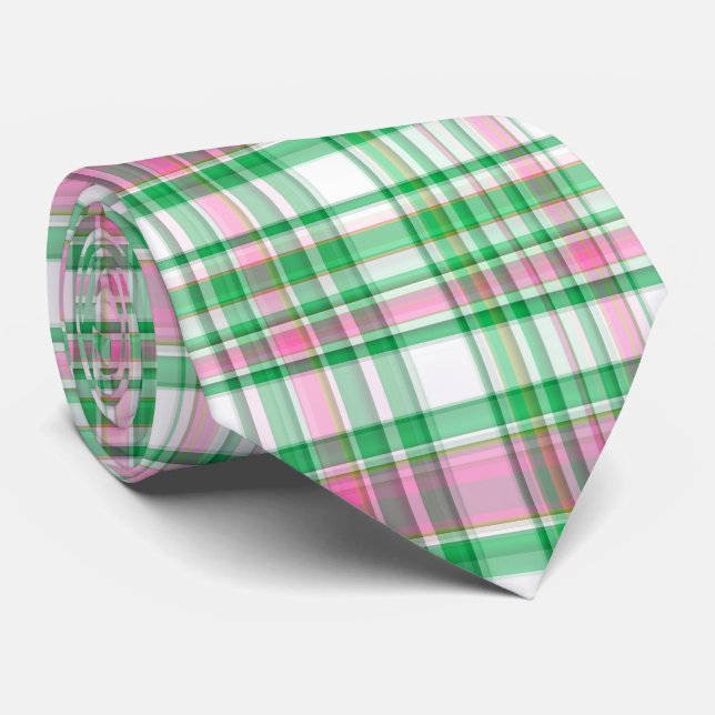 Emerald Green, Hot Pink, White Preppy Madras Karie Krawatte (Gerollt)