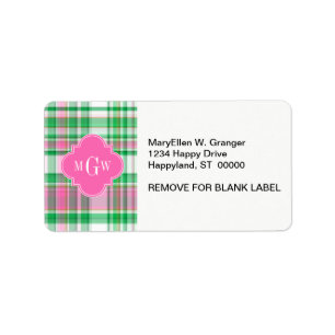 Emerald Green Hot Pink Whppy Madras Monogram Adressaufkleber
