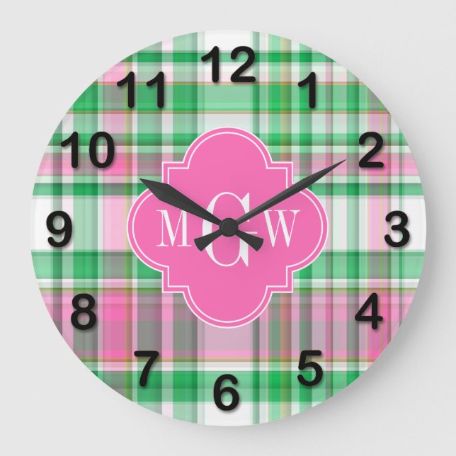 Emerald Green Hot Pink Whppy Madras Monogram Große Wanduhr (Vorderseite)