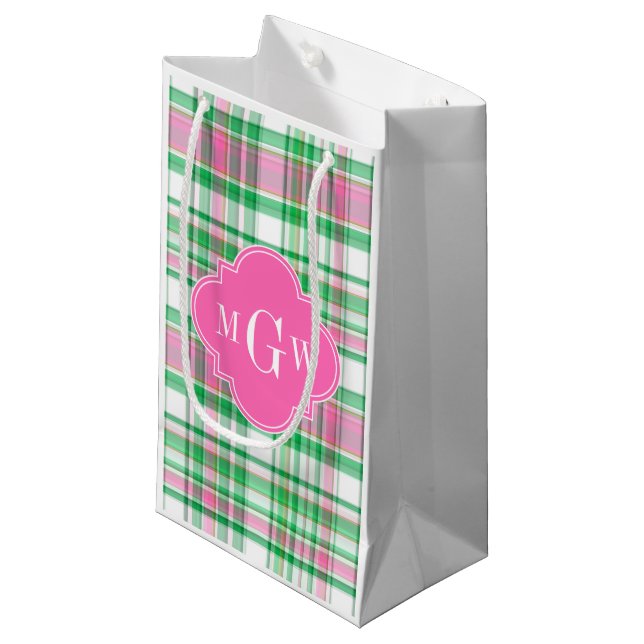 Emerald Green Hot Pink Whppy Madras Monogram Kleine Geschenktüte (Vorderseite Schrägansicht)