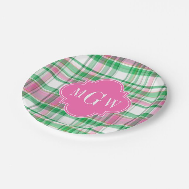 Emerald Green Hot Pink Whppy Madras Monogram Pappteller (Schrägansicht)