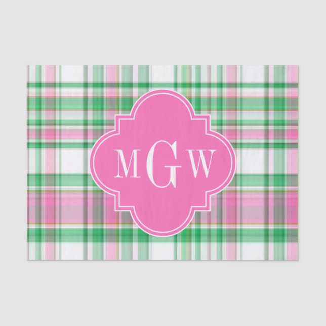 Emerald Green Hot Pink Whppy Madras Monogram Seidenpapier (Vorderseite)