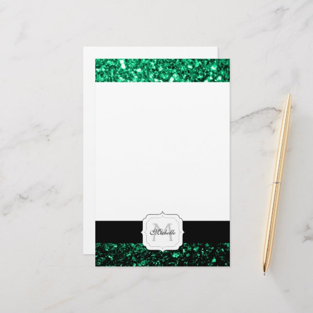 Emerald Green Imitats Glitzer Glitzern Monogram Briefpapier (Vorderseite/Rückseite Beispiel)