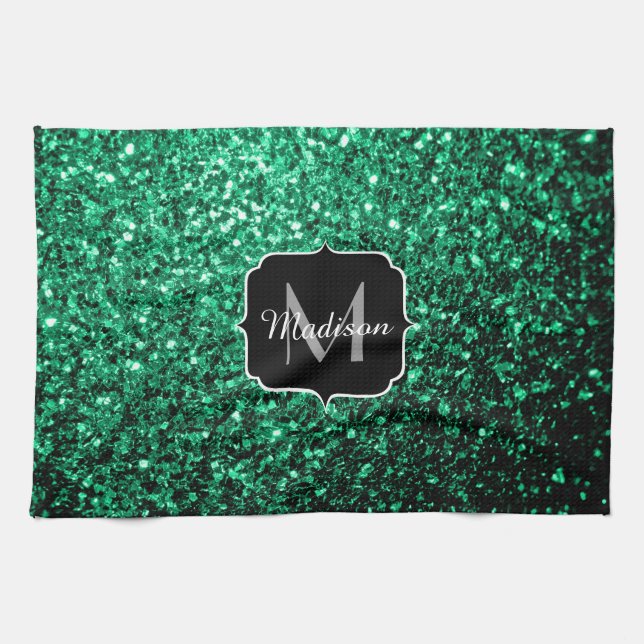 Emerald Green Imitats Glitzer Glitzern Monogram Geschirrtuch (Horizontal)