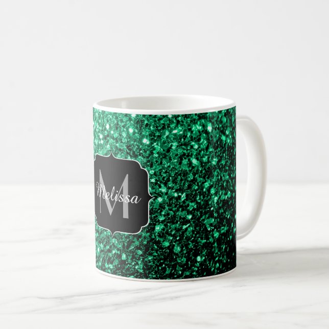 Emerald Green Imitats Glitzer Glitzern Monogram Kaffeetasse (VorderseiteRechts)