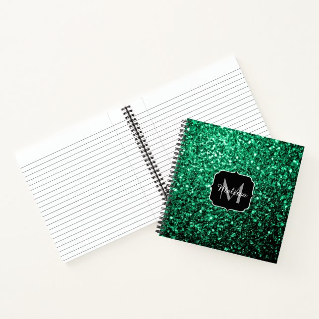 Emerald Green Imitats Glitzer Glitzern Monogram Notizbuch (Innenseite)