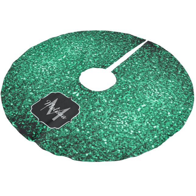 Emerald Green Imitats Glitzer Glitzern Monogram Polyester Weihnachtsbaumdecke (Schrägansicht)