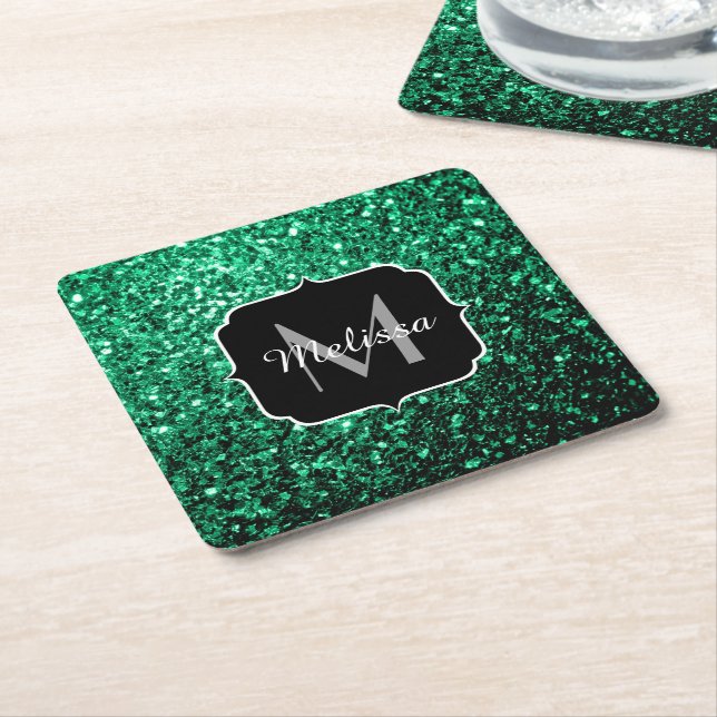 Emerald Green Imitats Glitzer Glitzern Monogram Rechteckiger Pappuntersetzer (angewinkelt)