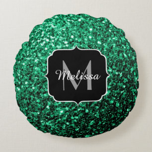 Emerald Green Imitats Glitzer Glitzern Monogram Rundes Kissen