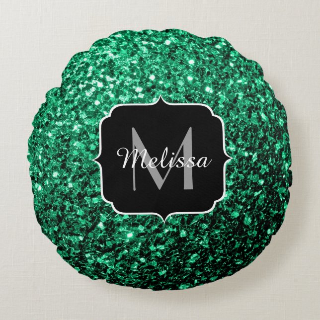 Emerald Green Imitats Glitzer Glitzern Monogram Rundes Kissen (Vorderseite)