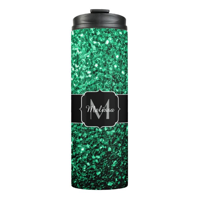 Emerald Green Imitats Glitzer Glitzern Monogram Thermosbecher (Vorderseite)