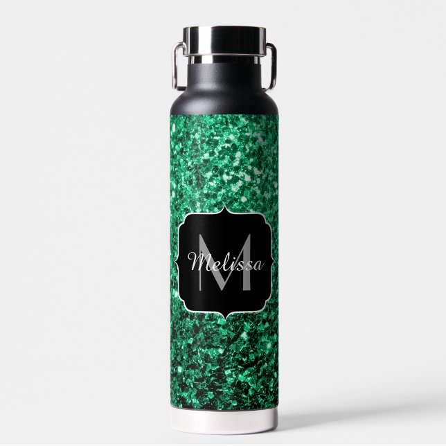 Emerald Green Imitats Glitzer Glitzern Monogram Trinkflasche (Vorne)