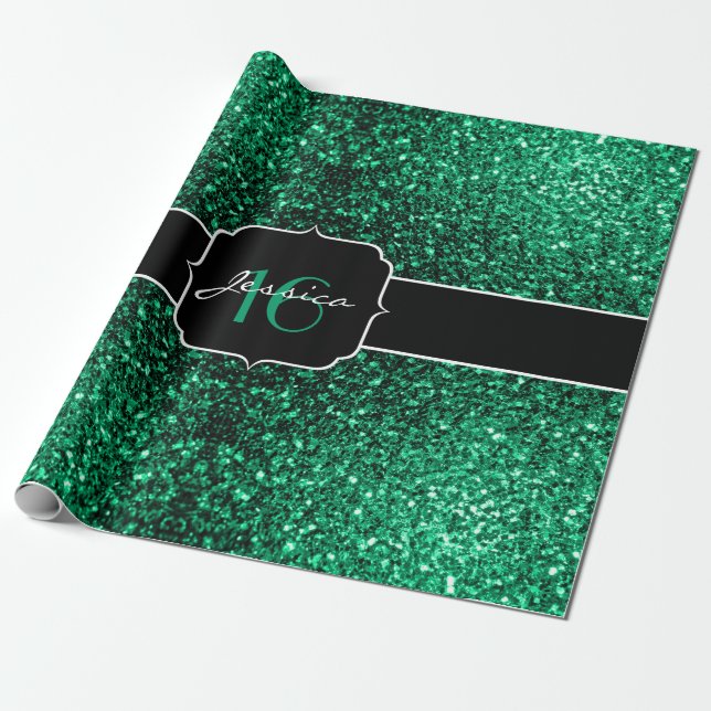Emerald Green Imitats Glitzer Glitzern Sweet 16 Geschenkpapier (Ungerollt)