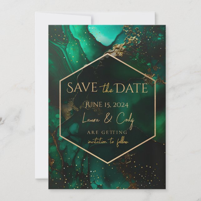 Emerald Green Jewel Tone Save the Date Einladung (Vorderseite)