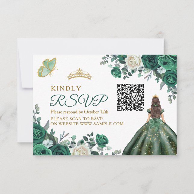 Emerald Green kleidet Quinceañera QR RSVP Karte (Vorderseite)