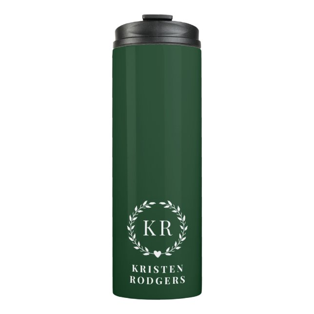 Emerald Green Laurel Wreath Wappen Monogram Thermosbecher (Vorderseite)