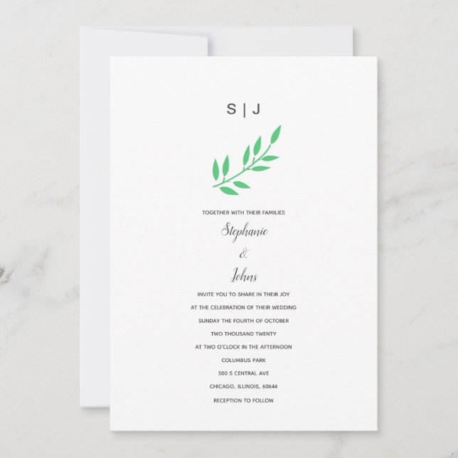 Emerald Green Leaf Gray Monogram Name Boho Wedding Einladung (Vorderseite)