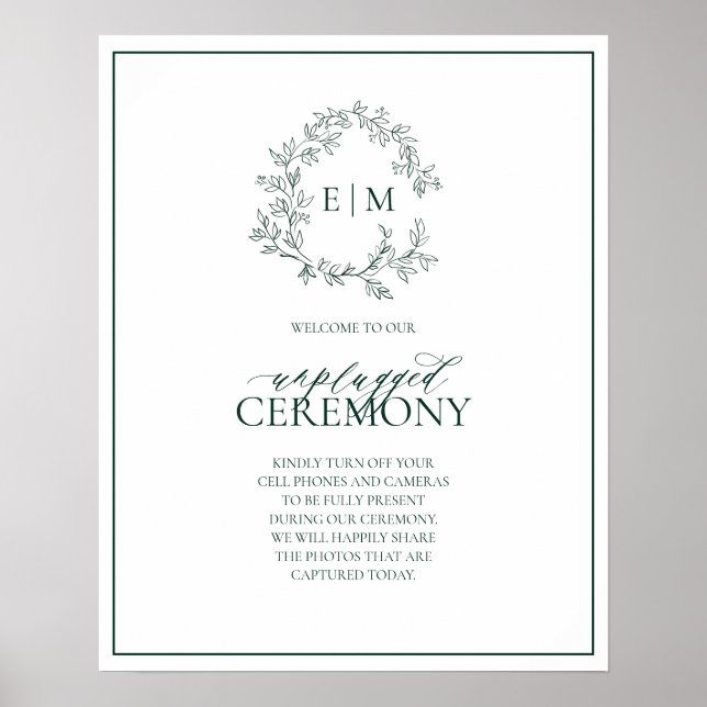 Emerald Green Leafy Monogram Unplugged Wedding Poster (Vorne)