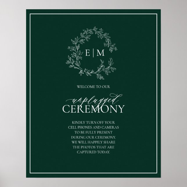 Emerald Green Leafy Monogram Unplugged Wedding Poster (Vorne)