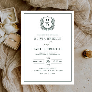 Emerald Green Leafy Wappen Monogram Elegant Weddin Einladung