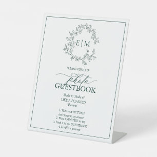 Emerald Green Leafy Wappen Monogram Foto Gästebuch Sockelschild