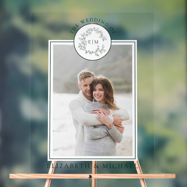 Emerald Green Leafy Wappen Monogram Foto Wedding Acrylschild (Wedding Sign!)