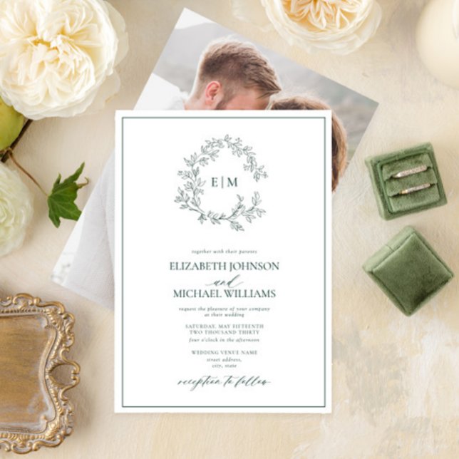 Emerald Green Leafy Wappen Monogram Foto Wedding Einladung (Von Creator hochgeladen)