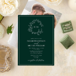 Emerald Green Leafy Wappen Monogram Foto Wedding Einladung