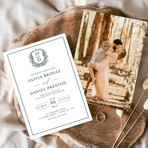 Emerald Green Leafy Wappen Monogram Foto Wedding Einladung