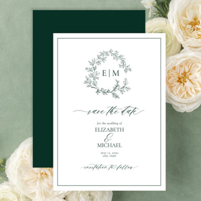 Emerald Green Leafy Wappen Monogram Save the Date Einladung (Von Creator hochgeladen)