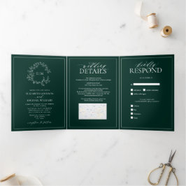 Emerald Green Leafy Wappen Monogram Wedding Dreifach Gefaltete Einladung