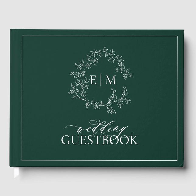 Emerald Green Leafy Wappen Monogram Wedding Gästebuch (Vorderseite)