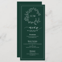 Emerald Green Leafy Wappen Monogram Wedding Menu Menükarte