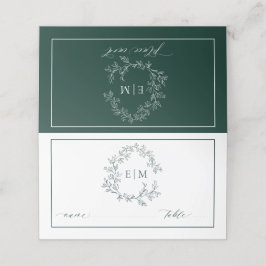 Emerald Green Leafy Wappen Monogram Wedding Platzkarte