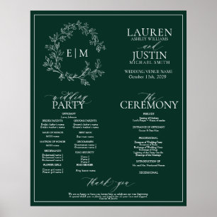 Emerald Green Leafy Wappen Monogram Wedding Progra Poster