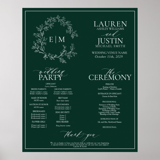 Emerald Green Leafy Wappen Monogram Wedding Progra Poster (Vorne)