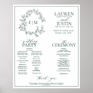 Emerald Green Leafy Wappen Monogram Wedding Progra Poster