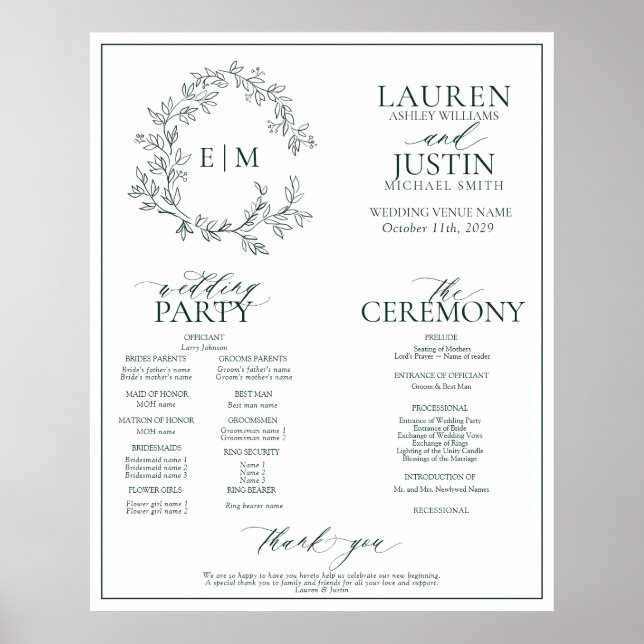 Emerald Green Leafy Wappen Monogram Wedding Progra Poster (Vorne)