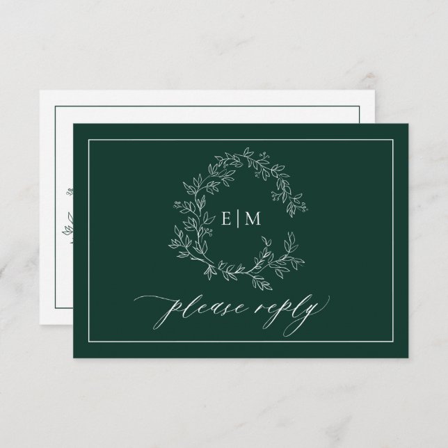 Emerald Green Leafy Wappen Monogram Wedding RSVP (Vorne/Hinten)