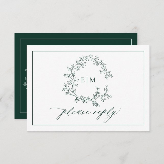 Emerald Green Leafy Wappen Monogram Wedding RSVP (Vorne/Hinten)