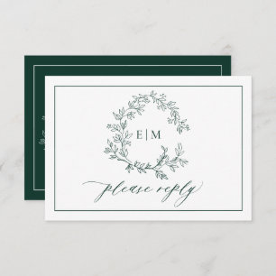 Emerald Green Leafy Wappen Monogram Wedding RSVP